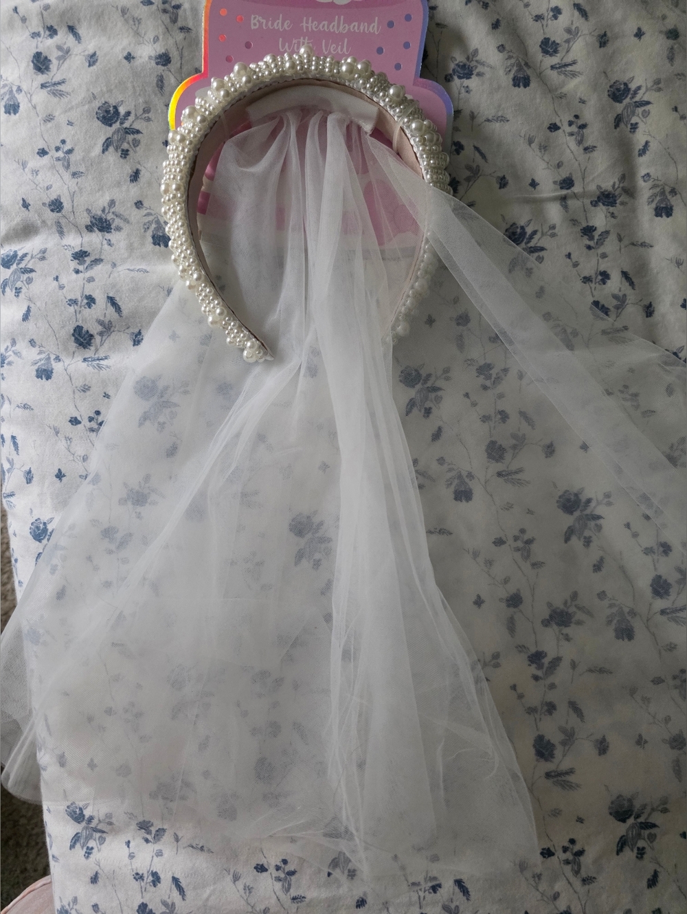 Faux Pearl Embellished Bridal Headband with Veil - White